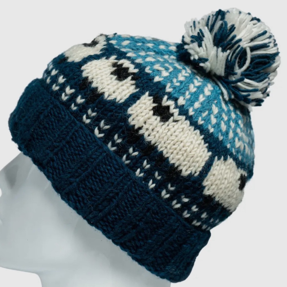 Handknit Wool Sheep Hat- Adult- Unisex- Teal and Blue-Super warm! Fair Isle NWT